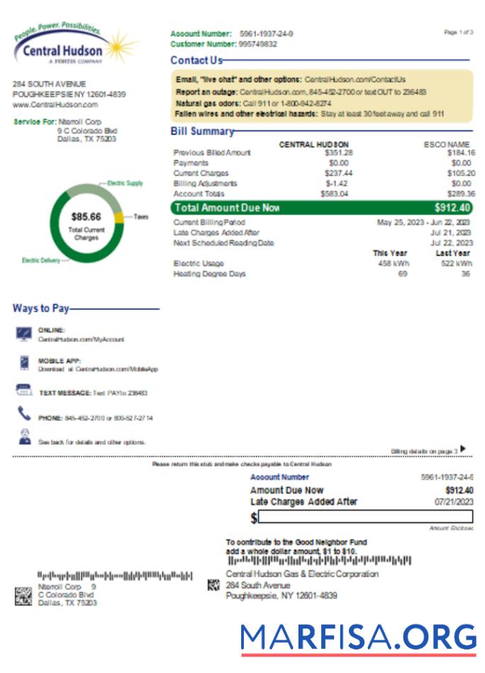 Printable Central Hudson Energy Group utility business bill, page 1, SCR example